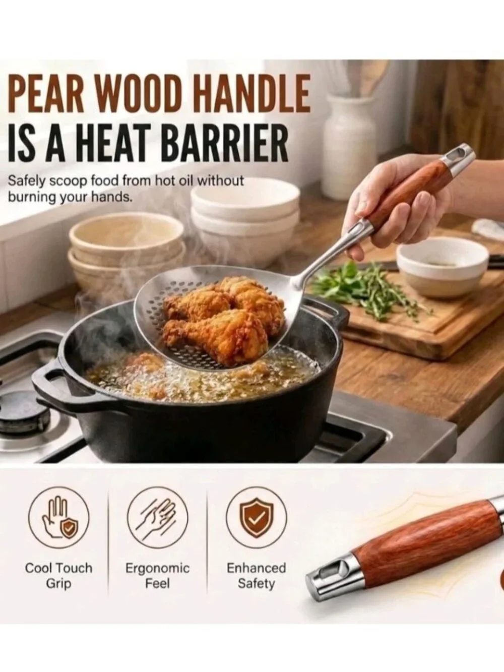 16-Inch Skimmer Slotted Spoon Wooden Handle Stainless Steel Spider Strainer